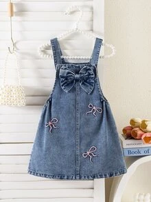 Elladie kids Young Girl' 牛仔背心裙，甜美藍色吊帶裙配粉色蝴蝶結刺繡 3D 蝴蝶結設計，柔軟秋季時尚校園穿搭 - 中等水洗藍 - 查看 4