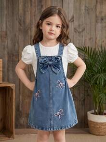 Elladie kids Young Girl' 牛仔背心裙，甜美藍色吊帶裙配粉色蝴蝶結刺繡 3D 蝴蝶結設計，柔軟秋季時尚校園穿搭 - 中等水洗藍 - 查看 2