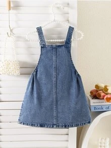 Elladie kids Young Girl' 牛仔背心裙，甜美藍色吊帶裙配粉色蝴蝶結刺繡 3D 蝴蝶結設計，柔軟秋季時尚校園穿搭 - 中等水洗藍 - 查看 3