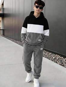 兒童保暖毛絨撞色連帽兩件套，時尚街頭風，聖誕校園週末戶外活動套裝 - 灰色 - 查看 1