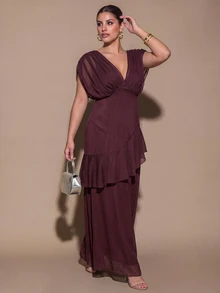 SHEIN BAE CURVE 大尺碼復古百褶荷葉邊下擺晚禮服 - 棕色 - 查看 4