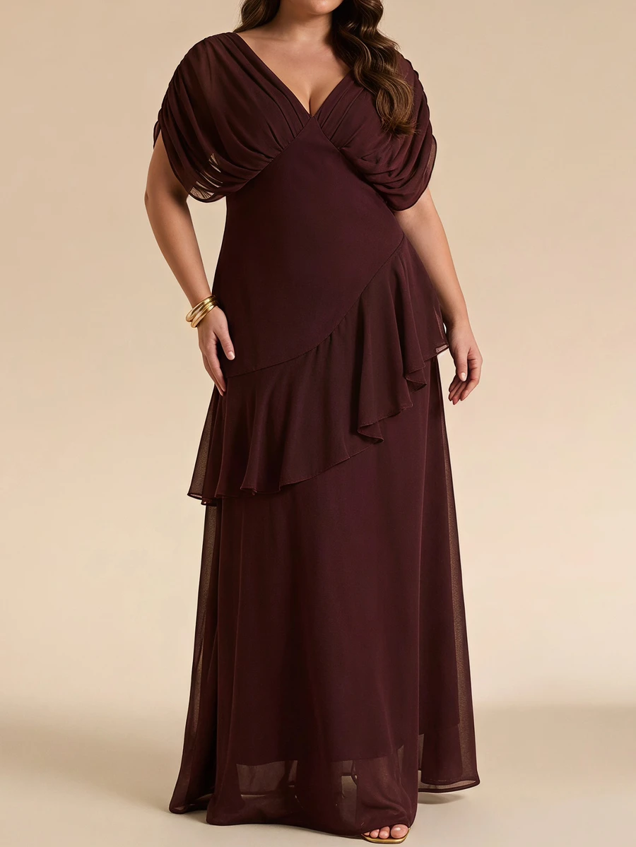 SHEIN BAE CURVE 大尺碼復古百褶荷葉邊下擺晚禮服 - 棕色 - 查看 1