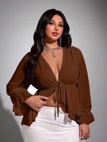 Viva Relle Plus Size Chiffon Sexy Bow Blouse Fall - Brown - View 2