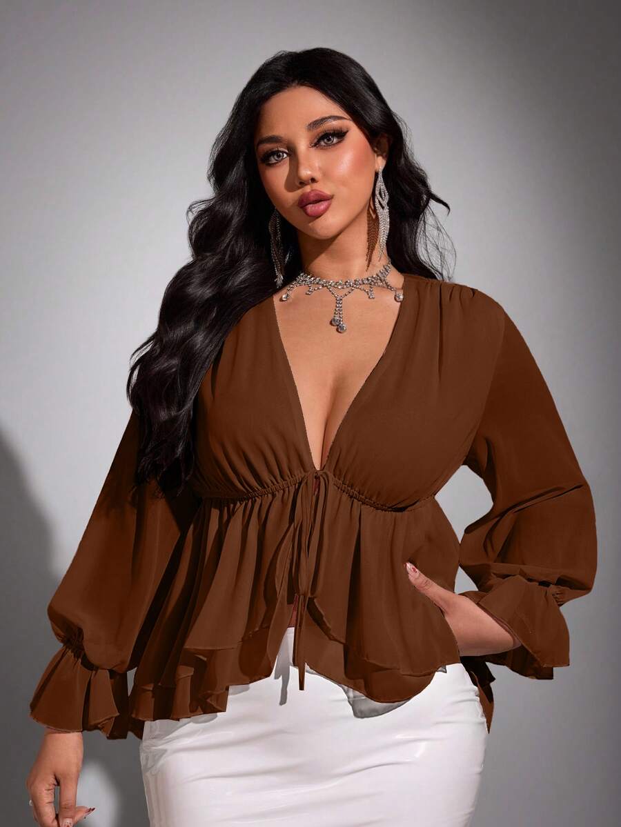 Viva Relle Plus Size Chiffon Sexy Bow Blouse Fall - Brown - View 1