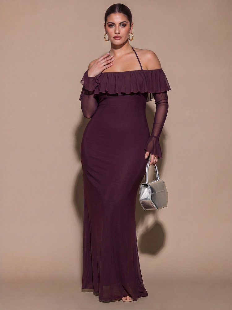 SHEIN BAE CURVE Solid Purple Off-Shoulder Spaghetti Strap Ruffle Mesh Flared Sleeve Cinched Waist Long Dress ,Suitable For Wedding Guest Bridesmaid Gown Evening Party - Purple - View 5