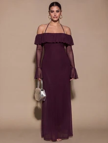 SHEIN BAE CURVE Solid Purple Off-Shoulder Spaghetti Strap Ruffle Mesh Flared Sleeve Cinched Waist Long Dress ,Suitable For Wedding Guest Bridesmaid Gown Evening Party - Purple - View 6