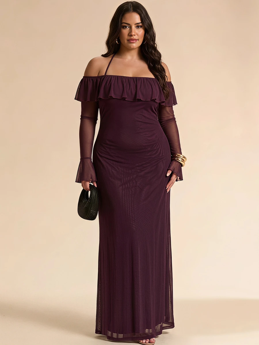 SHEIN BAE CURVE Solid Purple Off-Shoulder Spaghetti Strap Ruffle Mesh Flared Sleeve Cinched Waist Long Dress ,Suitable For Wedding Guest Bridesmaid Gown Evening Party - Purple - View 1