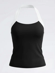 SHEIN Cheerettes 黑白配色掛脖運動背心－女款撞色修身運動背心，適合健身房運動 - 黑與白 - 查看 4
