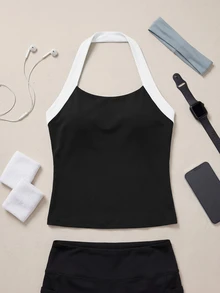 SHEIN Cheerettes 黑白配色掛脖運動背心－女款撞色修身運動背心，適合健身房運動 - 黑與白 - 查看 2