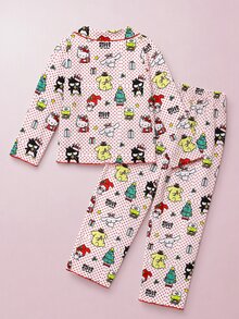 Maija Kids HELLO KITTY AND FRIENDS | SHEIN Maija Kids 2件組青少年女孩休閒優雅可愛精緻舒適寬鬆梭織紅色波點卡通聖誕圖案睡衣套裝，附長褲，適合室內、睡眠、秋冬穿著 - 彩色 - 查看 3