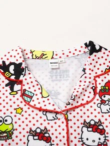 Maija Kids HELLO KITTY AND FRIENDS | SHEIN Maija Kids 2件組青少年女孩休閒優雅可愛精緻舒適寬鬆梭織紅色波點卡通聖誕圖案睡衣套裝，附長褲，適合室內、睡眠、秋冬穿著 - 彩色 - 查看 4