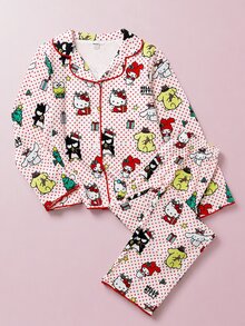 Maija Kids HELLO KITTY AND FRIENDS | SHEIN Maija Kids 2件組青少年女孩休閒優雅可愛精緻舒適寬鬆梭織紅色波點卡通聖誕圖案睡衣套裝，附長褲，適合室內、睡眠、秋冬穿著 - 彩色 - 查看 2