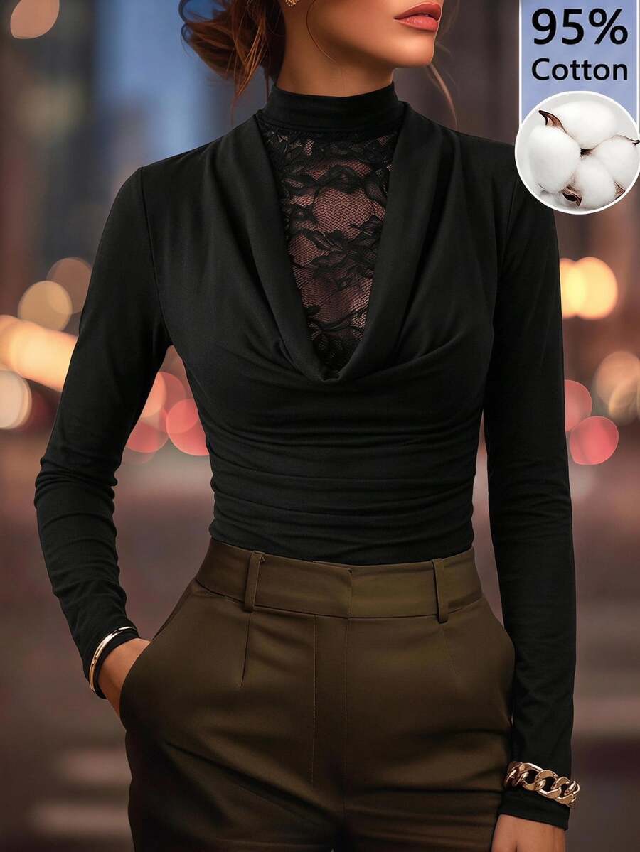 Editum Women's Lace Patchwork Pleated Slim Fit Versatile Long Sleeve T-Shirt For Daily Wear Brunch Dinner Night Out Black Autumn Elegant Lacy Classy