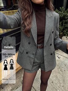 SHEIN PETITE Setelan Jas Wanita Lengan Panjang Berkerah Bercorak Kotak-kotak dan Celana Pendek - Coklat - View 9