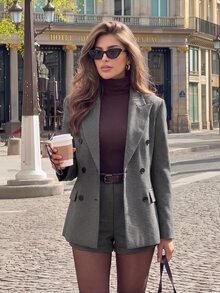 SHEIN PETITE Setelan Jas Wanita Lengan Panjang Berkerah Bercorak Kotak-kotak dan Celana Pendek - Coklat - View 5