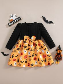 SHEIN Vintaside Kids 嬰兒與女嬰萬聖節南瓜與幽靈印花長袖 A 字裙，附蝴蝶結裝飾，對比色針織上衣節日派對套裝 - 橘色 - 查看 4
