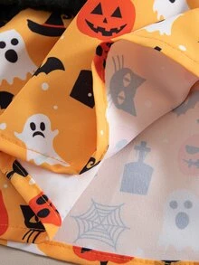 SHEIN Vintaside Kids 嬰兒與女嬰萬聖節南瓜與幽靈印花長袖 A 字裙，附蝴蝶結裝飾，對比色針織上衣節日派對套裝 - 橘色 - 查看 9