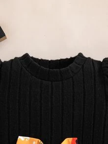 SHEIN Vintaside Kids 嬰兒與女嬰萬聖節南瓜與幽靈印花長袖 A 字裙，附蝴蝶結裝飾，對比色針織上衣節日派對套裝 - 橘色 - 查看 11