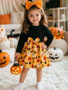 SHEIN Vintaside Kids 嬰兒與女嬰萬聖節南瓜與幽靈印花長袖 A 字裙，附蝴蝶結裝飾，對比色針織上衣節日派對套裝 - 橘色 - 查看 5