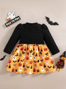 SHEIN Vintaside Kids 嬰兒與女嬰萬聖節南瓜與幽靈印花長袖 A 字裙，附蝴蝶結裝飾，對比色針織上衣節日派對套裝 - 橘色 - 查看 3