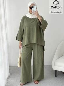 Solavon Plus Size Solid Green Shirt And Pants 2 Pieces Set - Army Green - View 7