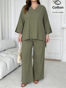 Solavon Plus Size Solid Green Shirt And Pants 2 Pieces Set - Army Green - View 5