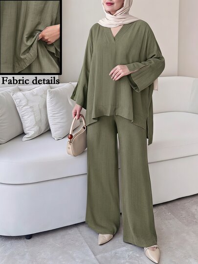 Solavon Plus Size Solid Green Shirt And Pants 2 Pieces Set