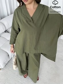 Solavon Plus Size Solid Green Shirt And Pants 2 Pieces Set - Army Green - View 3
