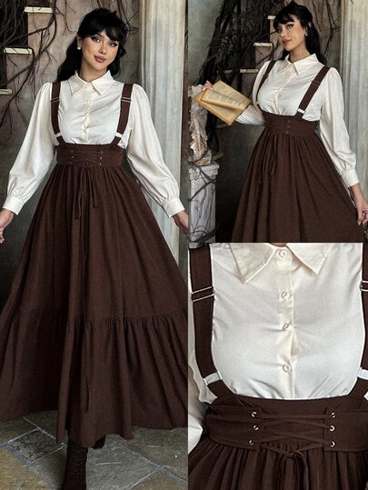 Lyrianda Setelan 2 Potong Gaun Terusan Lengan Panjang Gaya Vintage Prancis Elegan Ukuran Plus dengan Pinggang Berkerut dan Kemeja Berikat Depan, Gaya Preppy