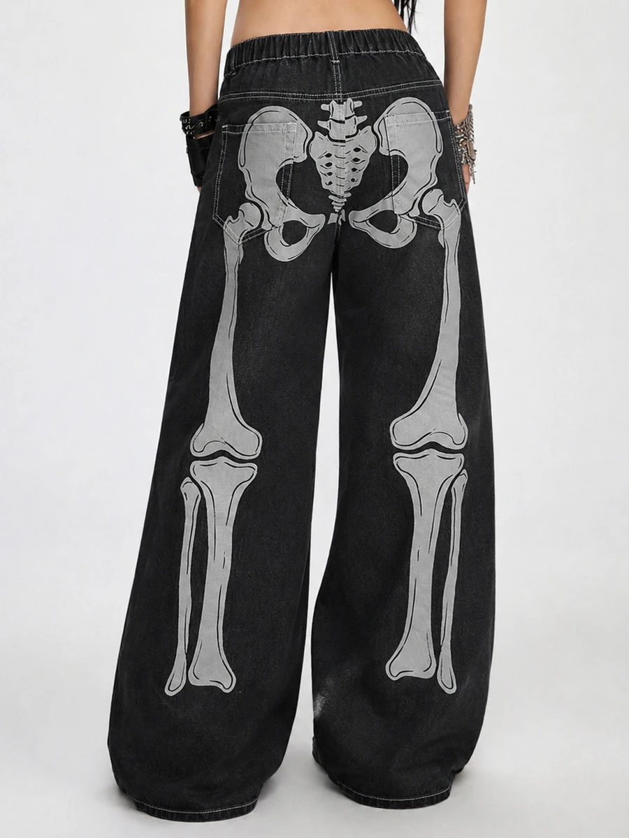 ROMWE Grunge Punk Halloween Plus Size Dark Skeleton Print Loose Wide Leg Jeans High Waist Slimming Versatile Street Style Casual Long Pants - Black - View 1