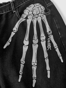 ROMWE Grunge Punk 萬聖節大尺碼深色骷髏印花寬鬆寬腿牛仔褲 高腰顯瘦 百搭街頭風休閒長褲 - 黑色 - 查看 3