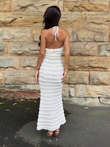 AmyJordy 女士夏季露背连衣裙，带圆环，荷叶边下摆，款式优雅，女士性感露背，圆环，褶皱无袖露背修身长款咖啡色纯色条纹吊带女式长裙，春夏，休闲日常穿着长款女装 - 杏色 - 查看 2