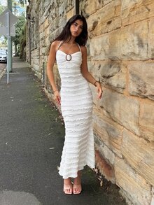 AmyJordy 女士夏季露背连衣裙，带圆环，荷叶边下摆，款式优雅，女士性感露背，圆环，褶皱无袖露背修身长款咖啡色纯色条纹吊带女式长裙，春夏，休闲日常穿着长款女装 - 杏色 - 查看 1