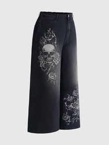 ROMWE Grunge Punk 龐克復古大尺碼女款牛仔褲 骷髏玫瑰印花 寬鬆寬腿褲 街頭時尚穿搭 - 黑色 - 查看 5
