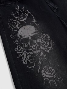 ROMWE Grunge Punk 龐克復古大尺碼女款牛仔褲 骷髏玫瑰印花 寬鬆寬腿褲 街頭時尚穿搭 - 黑色 - 查看 3