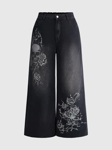 ROMWE Grunge Punk 龐克復古大尺碼女款牛仔褲 骷髏玫瑰印花 寬鬆寬腿褲 街頭時尚穿搭 - 黑色 - 查看 6