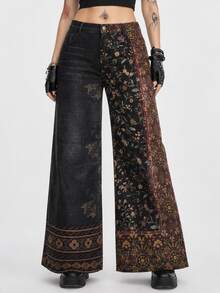 ROMWE Grunge Punk Plus Size Vintage Hippie Colorblock Pattern Slimming Wide Leg Jeans - Multicolor - View 1
