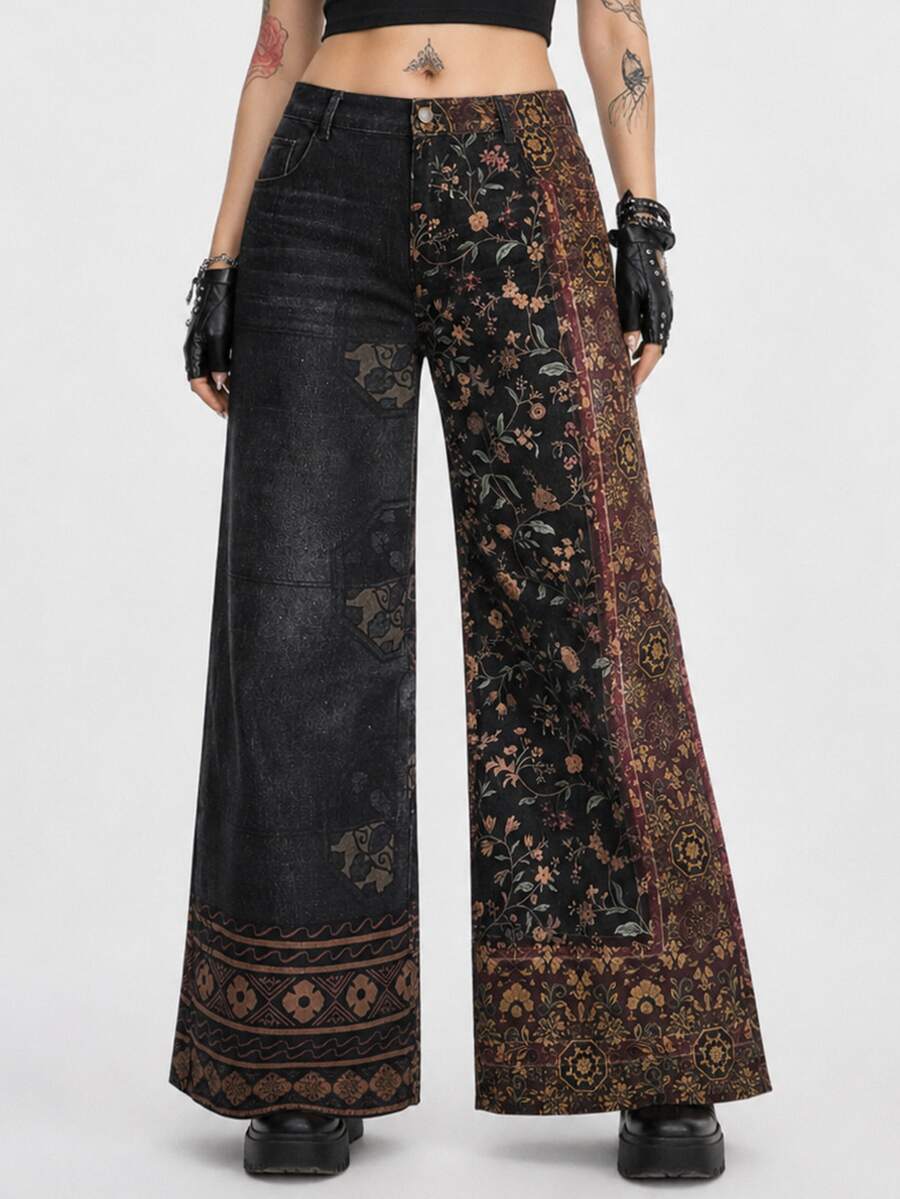 ROMWE Grunge Punk Plus Size Vintage Hippie Colorblock Pattern Slimming Wide Leg Jeans - Multicolor - View 1
