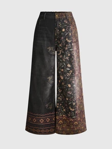 ROMWE Grunge Punk Plus Size Vintage Hippie Colorblock Pattern Slimming Wide Leg Jeans - Multicolor - View 5