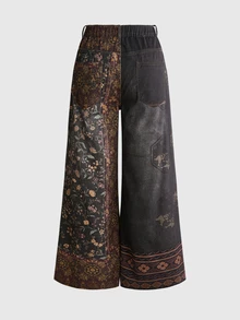 ROMWE Grunge Punk Plus Size Vintage Hippie Colorblock Pattern Slimming Wide Leg Jeans - Multicolor - View 2