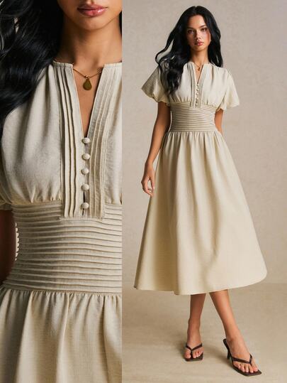 Poéselle Gaun Midi Berlipit Vintage untuk Wanita – Gaun Musim Panas Elegan Lengan Pendek Bergelombang Kancing Depan Gaya Bohemian Gaun Panjang Warna Beige