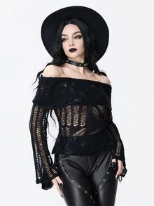 ROMWE Dark Gothic Punk Distressed Cutout Hollow-Out Turn-Down Collar Off-Shoulder Bell Sleeve Sheer Sweater - Black - View 4