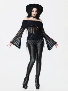 ROMWE Dark Gothic Punk Distressed Cutout Hollow-Out Turn-Down Collar Off-Shoulder Bell Sleeve Sheer Sweater - Black - View 2
