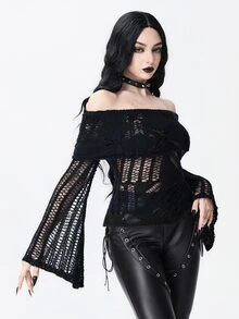 ROMWE Dark Gothic Punk Distressed Cutout Hollow-Out Turn-Down Collar Off-Shoulder Bell Sleeve Sheer Sweater - Black - View 6