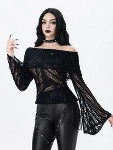 ROMWE Dark Gothic Punk Distressed Cutout Hollow-Out Turn-Down Collar Off-Shoulder Bell Sleeve Sheer Sweater - Black - View 5