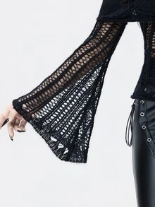ROMWE Dark Gothic Punk Distressed Cutout Hollow-Out Turn-Down Collar Off-Shoulder Bell Sleeve Sheer Sweater - Black - View 9
