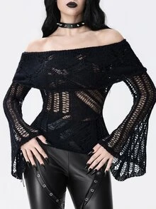 ROMWE Dark Gothic Punk Distressed Cutout Hollow-Out Turn-Down Collar Off-Shoulder Bell Sleeve Sheer Sweater - Black - View 3