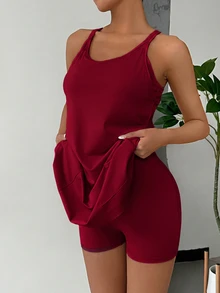 CovetEZ 女款純色無袖背心連衣裙，內建短褲，休閒柔軟傳統日常穿著，大尺碼可選，紅色夏季健身工作裝 - 酒紅色 - 查看 4