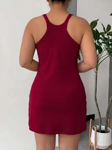 CovetEZ 女款純色無袖背心連衣裙，內建短褲，休閒柔軟傳統日常穿著，大尺碼可選，紅色夏季健身工作裝 - 酒紅色 - 查看 2
