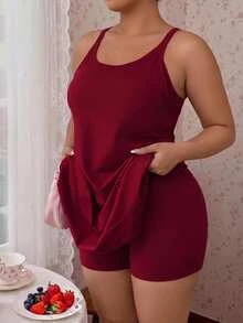 CovetEZ 女款純色無袖背心連衣裙，內建短褲，休閒柔軟傳統日常穿著，大尺碼可選，紅色夏季健身工作裝 - 酒紅色 - 查看 1